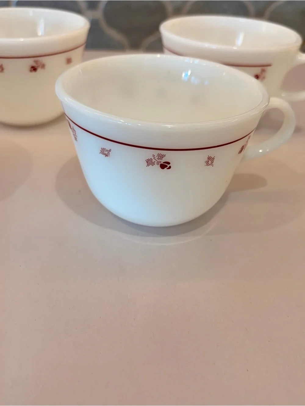 Vintage Pyrex Burgundy Rose Milk Glass Coffee Cups Mugs Set of 4